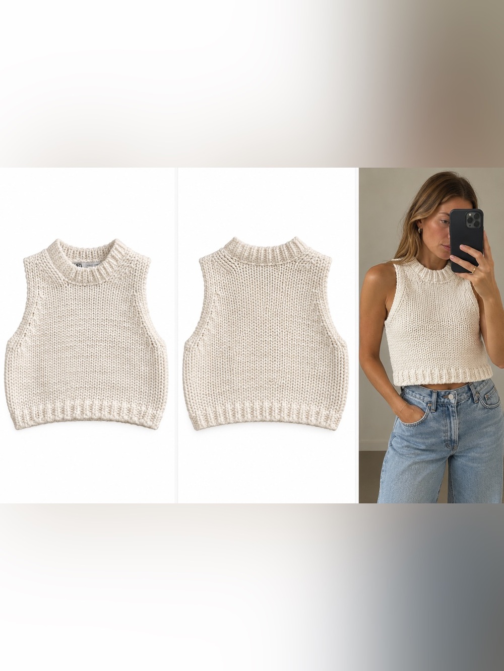 Zara Cream Sleeveless Chunky Knit Mock Neck Sweater Vest